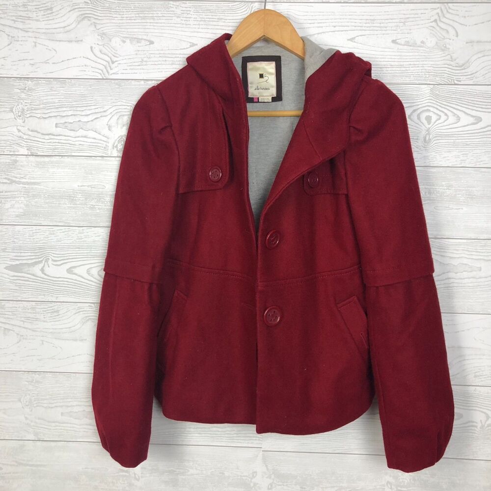 ELEVENSES Anthropologie Women's Size 2 Wool Blend Pea Coat Hooded Solid Red